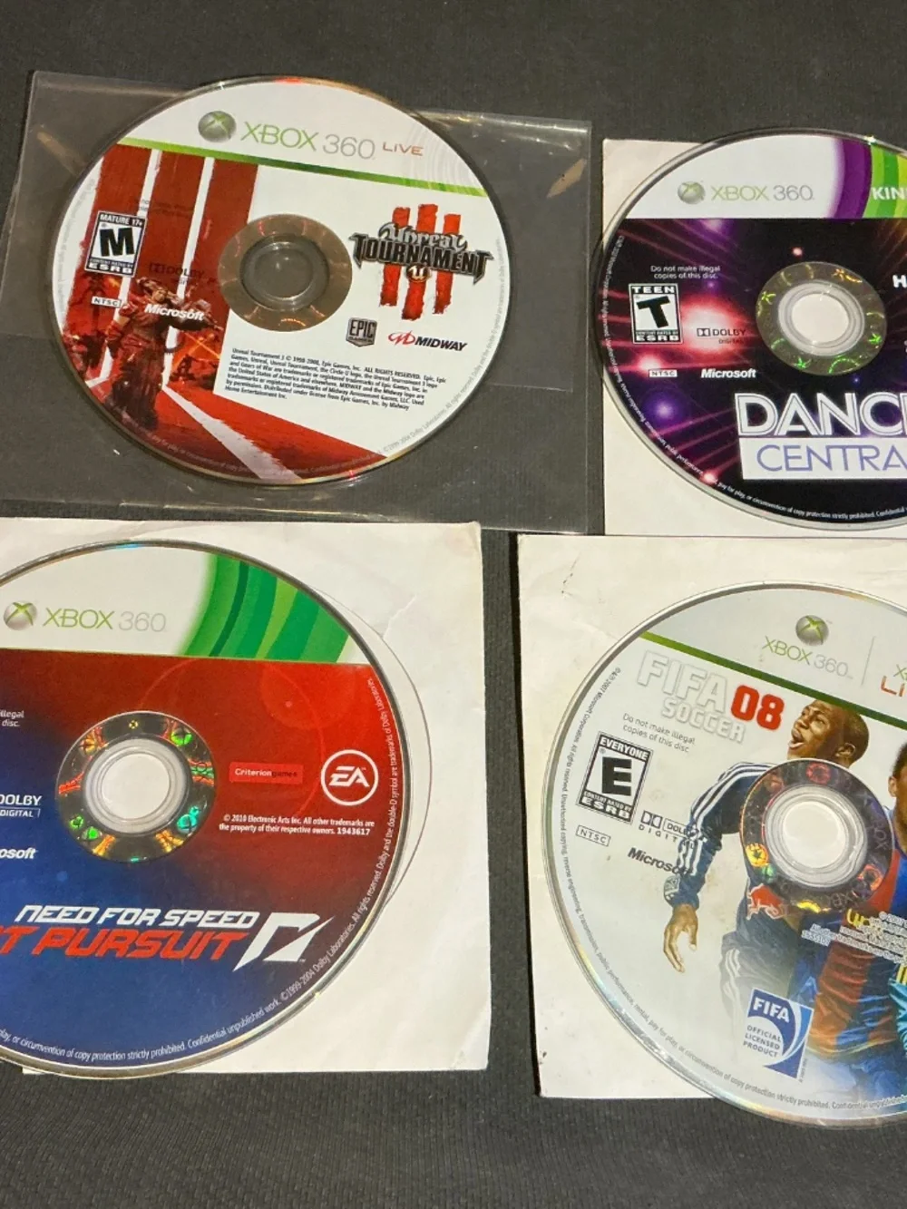 Need For Speed hot pursuit&FIFA 08&Dance Central&Unreal Tournament 3  Xbox 360